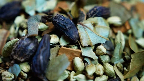 Dried herbs and spices with seed pods and leaves, Close-up of dried herbs, .. 스톡 동영상 346465108