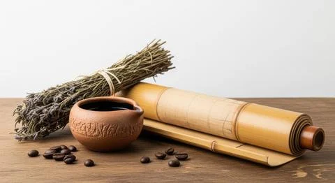 Dried herbs bundle scroll small pot coffee beans vintage objects arrangemen.. 스톡 일러스트