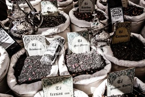 Dried herbs flowers spices in the spanish street shop Stock Photos