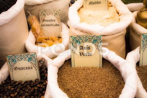 Dried herbs flowers spices in the spanish street shop Stock Photos