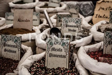 Dried herbs flowers spices in the spanish street shop Stock Photos