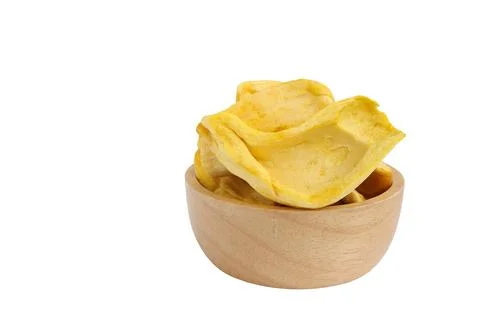 Dried jackfruit chips, dried jackfruit fruit in wooden bowl isolated on white Stock Photos