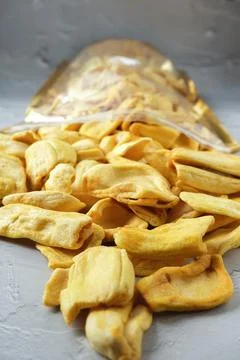 Dried Jackfruit chips with white background Stock Photos
