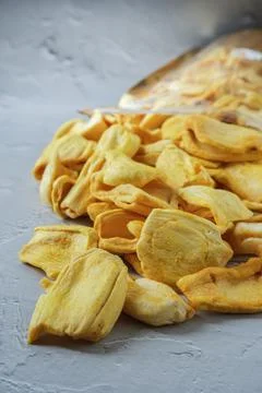 Dried Jackfruit chips with white background Stock Photos