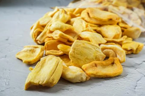 Dried Jackfruit chips with white background Stock Photos