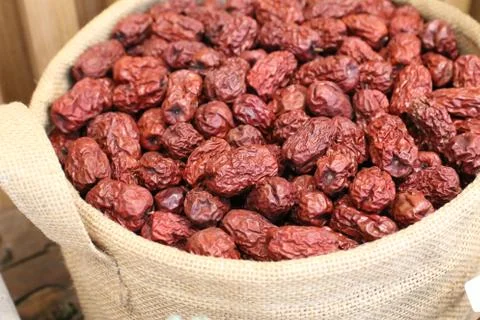Dried jujubes in the sacks Stock Photos