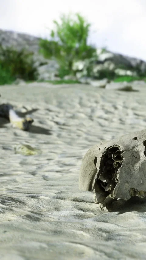 Dried landscape shows a skull lying in the sand with green plants in background Stock Footage 331766247