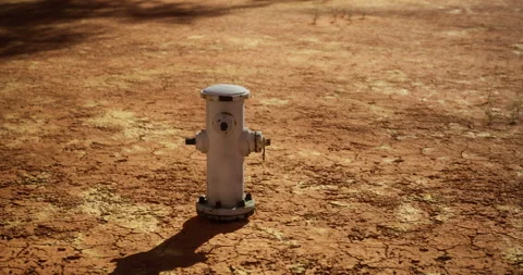 Dried landscape with a solitary fire hydrant under a clear sky Stock Footage 306204433