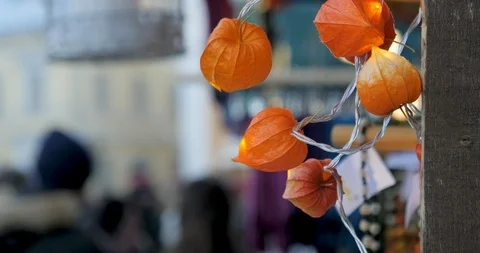 Dried lantern fruit used as decoration of a street stall Stock Footage 99120332