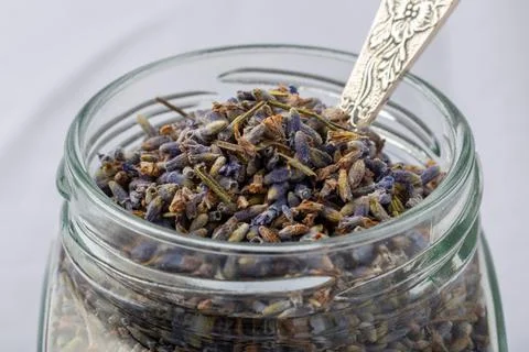 Dried lavender in a jar close up Stock Photos
