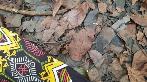 Dried leaf background with patterned cloth ornaments Stock Photos