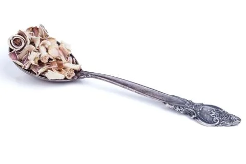 Dried lemon grass in silver spoon Stock Photos