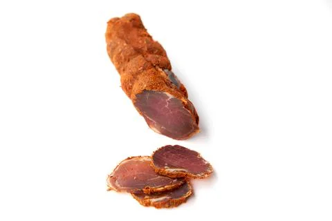 Dried meat beef jerky dry isolated on white background. Stock Photos