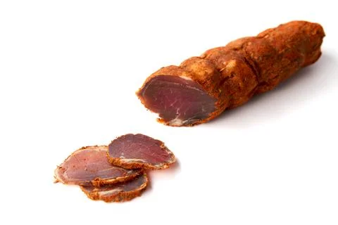 Dried meat beef jerky dry isolated on white background. Stock Photos