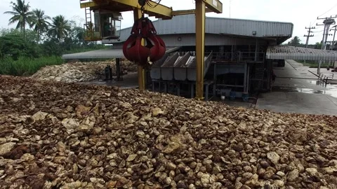 Dried Natural Raw Rubber Piled on Cement Ground with Mechanical Grabber Video stock 296523118