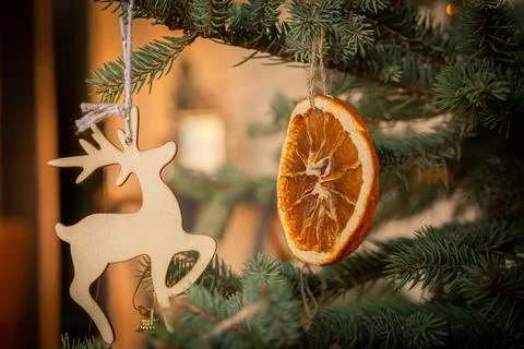 Dried orange slice with wooden deer hanging as decoration on a spruce branch Stock Photos