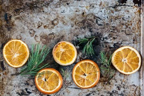Dried oranges with pine branches Stock Photos