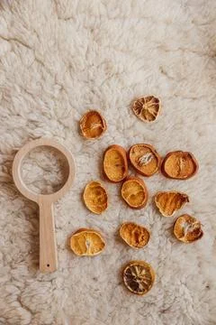Dried oranges on a wool blanket with microscope Stock Photos