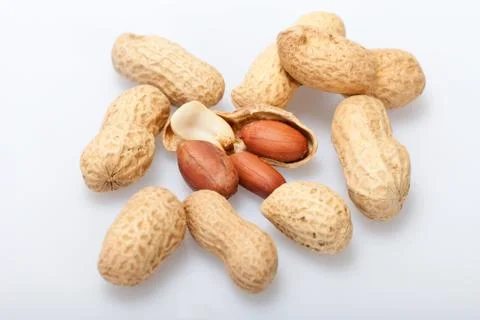 .dried peanuts in closeup on the white background Stock Photos