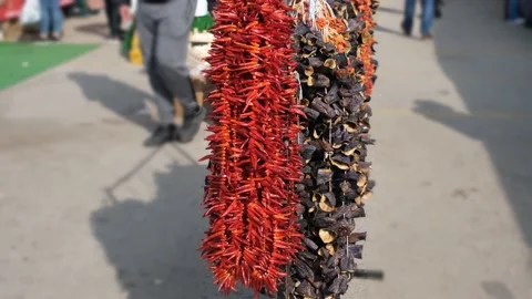 Dried peppers and eggplan, dried peppers and eggplants sold in eastern market Stock Footage 166249549
