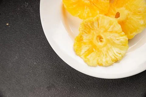 Dried pineapple slice sweet dried fruit serving size natural ingredients he.. Stock Photos