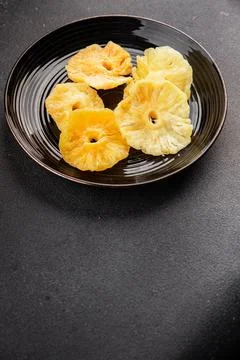 Dried pineapple slice sweet dried fruit serving size natural ingredients he.. Stock Photos