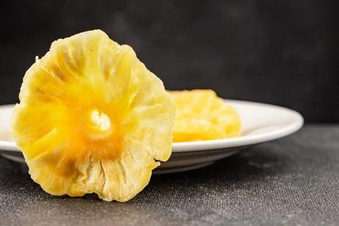 Dried pineapple slice sweet dried fruit serving size natural ingredients he.. Stock Photos