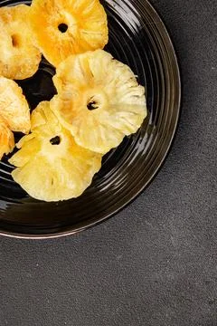 Dried pineapple slice sweet dried fruit serving size natural ingredients he.. Stock Photos