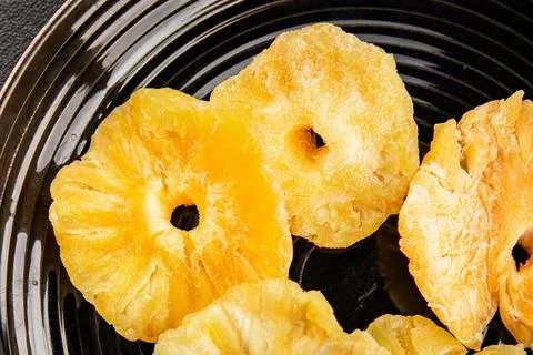 Dried pineapple slice sweet dried fruit serving size natural ingredients he.. Stock Photos