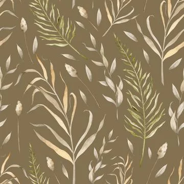 Dried plants Pattern. Seamless background with wild dry grass on dark drown Stock Illustration