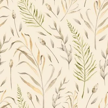 Dried plants Pattern. Seamless background with wild dry grass on beige creamy Stock Illustration