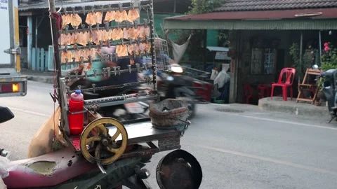 Dried pressed squid hang from a holder mounted on a street vendor's motorbike Stock Footage 238473136