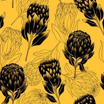 Dried proteus flowers. Graphic pattern on yellow background. Floral pattern. Stock Illustration