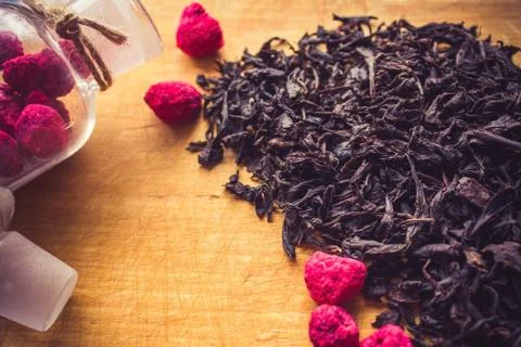 Dried raspberry, an additive to tea. Stock Photos
