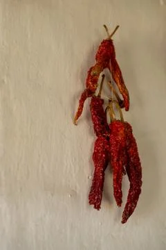 Dried red pepper in a bundle on the wall Stock Photos