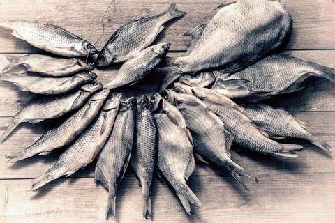 Dried roach lies on the surface of the table. A large bunch of dried roach... Stock Photos