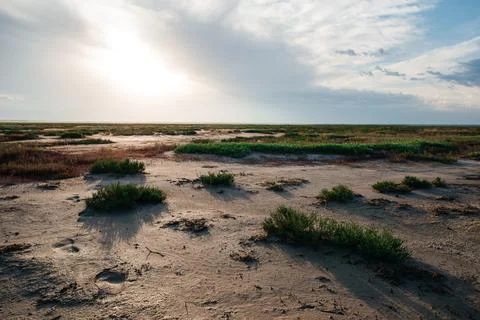 The dried-up salt lake of Ebeyty turned into a desert Stock Photos