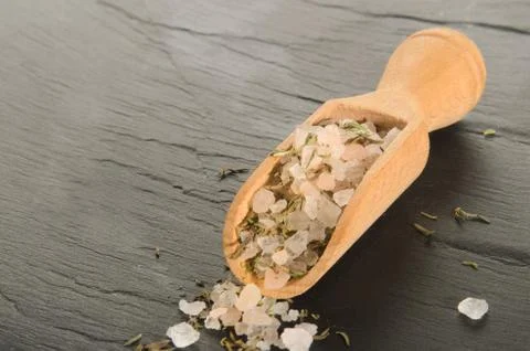 Dried salt mixture with thyme Stock Photos