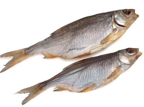 Dried salted roach fish on a white background Stock Photos