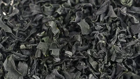 Dried seaweed being piled in close up on kitchen surface Stock Footage 331587843