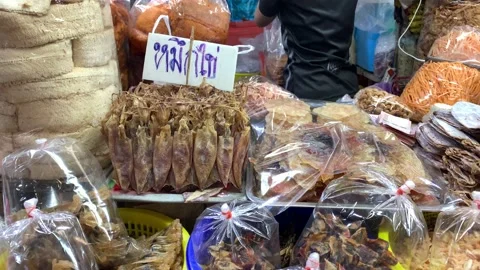 Dried squid, fish and shrimp at Maeklong fresh market (Talad Rom Hub) Stock Footage 196268669