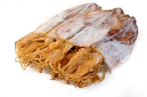 Dried squid on white background Foto stock