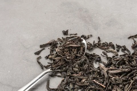 Dried tea and a spoon on a gray textured background. Stock Photos