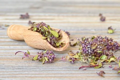 Dried thyme on wooden table Foto stock