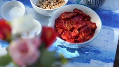 Dried tomatoes and nuts Video stock 133748670