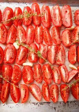Dried tomatoes in baking tray Stock Photos