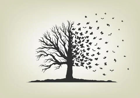 Dried tree with branches and flying butterflies Stock Illustration