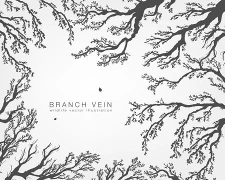 Dried tree branches with birds and leaves on a light background Stock Illustration