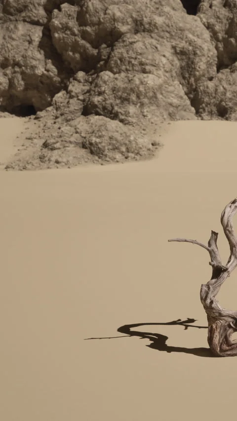 Dried tree trunk stands alone in sandy area with rocky background at midday Stock Footage 341253495
