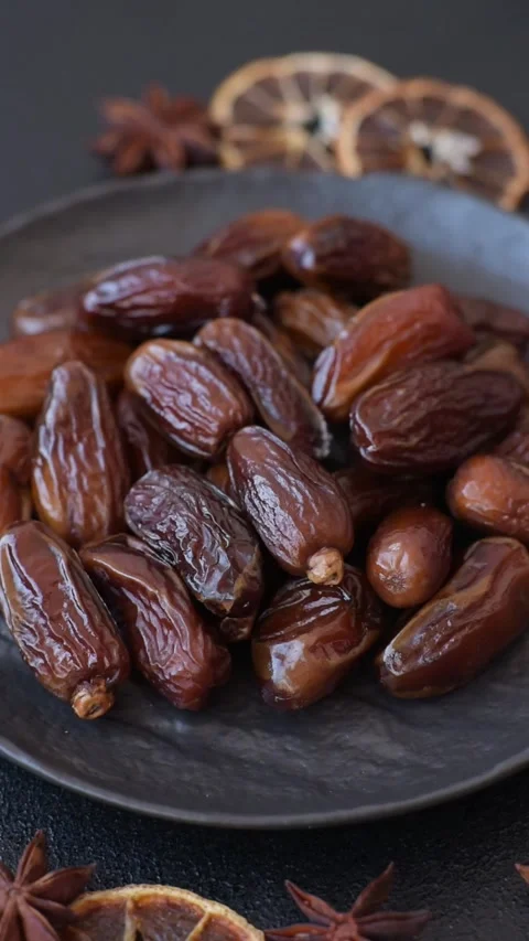 Dried tropical date fruit as an ingredient for fresh organic diet food Stock Footage 306006581